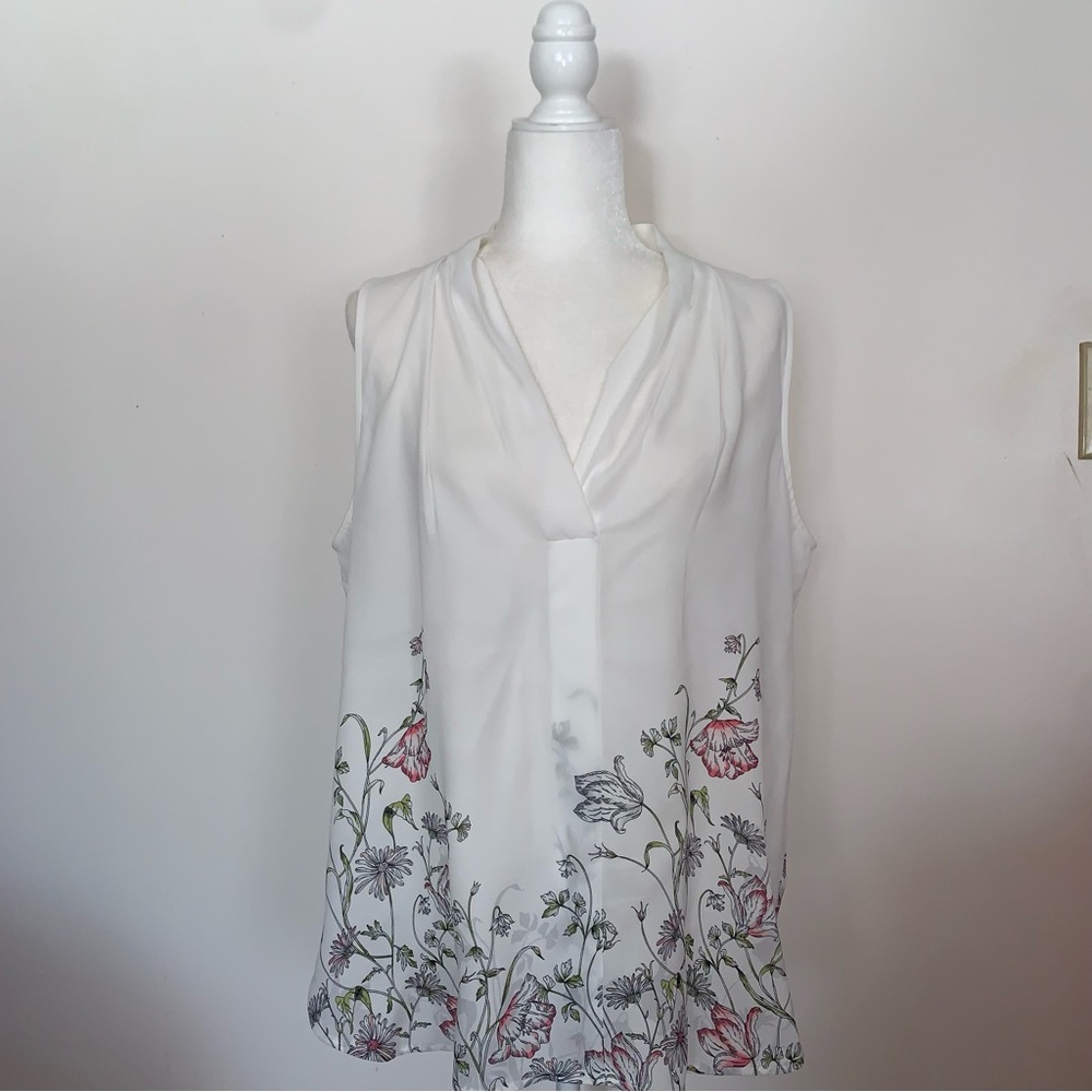 The Limited Floral Sleeveless Blouse - White with Pink and Green XL